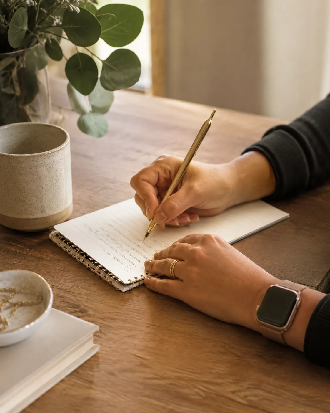 Manos anotando en cuadernos sobre una mesa de trabajo