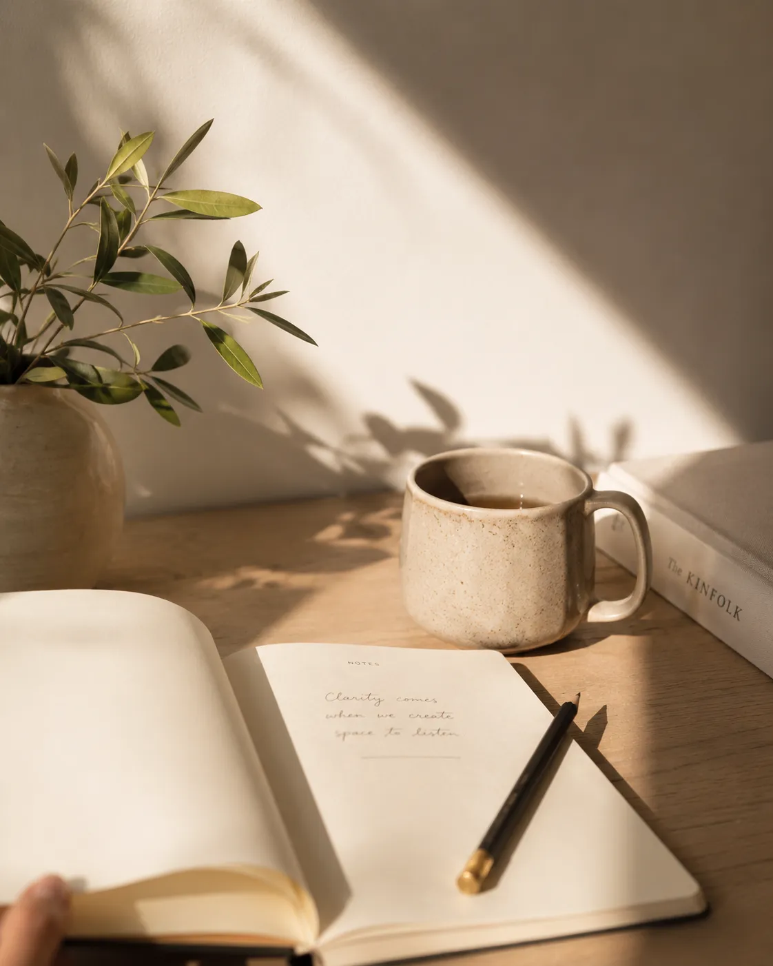 Taza y cuaderno sobre una mesa, espacio de reflexión